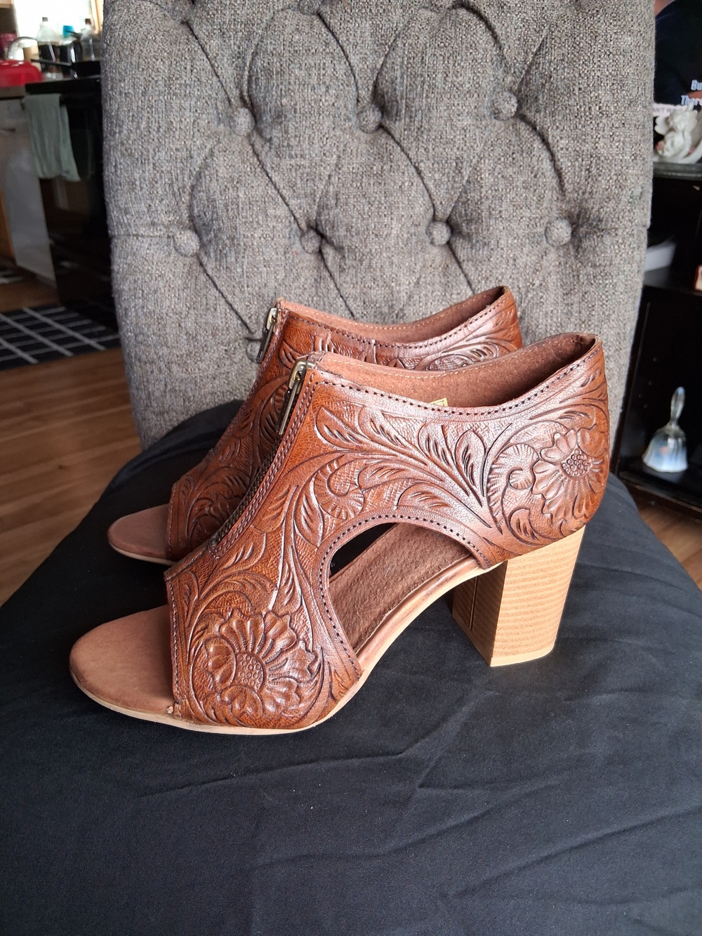 Roper Brown Tooled Leather Peep-Toe Block Heel Sandals